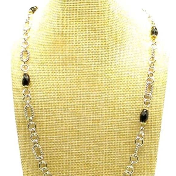 Black Acrylic Faceted Beaded Silver-tone Figaro Chain Necklace - Picture 13 of 15